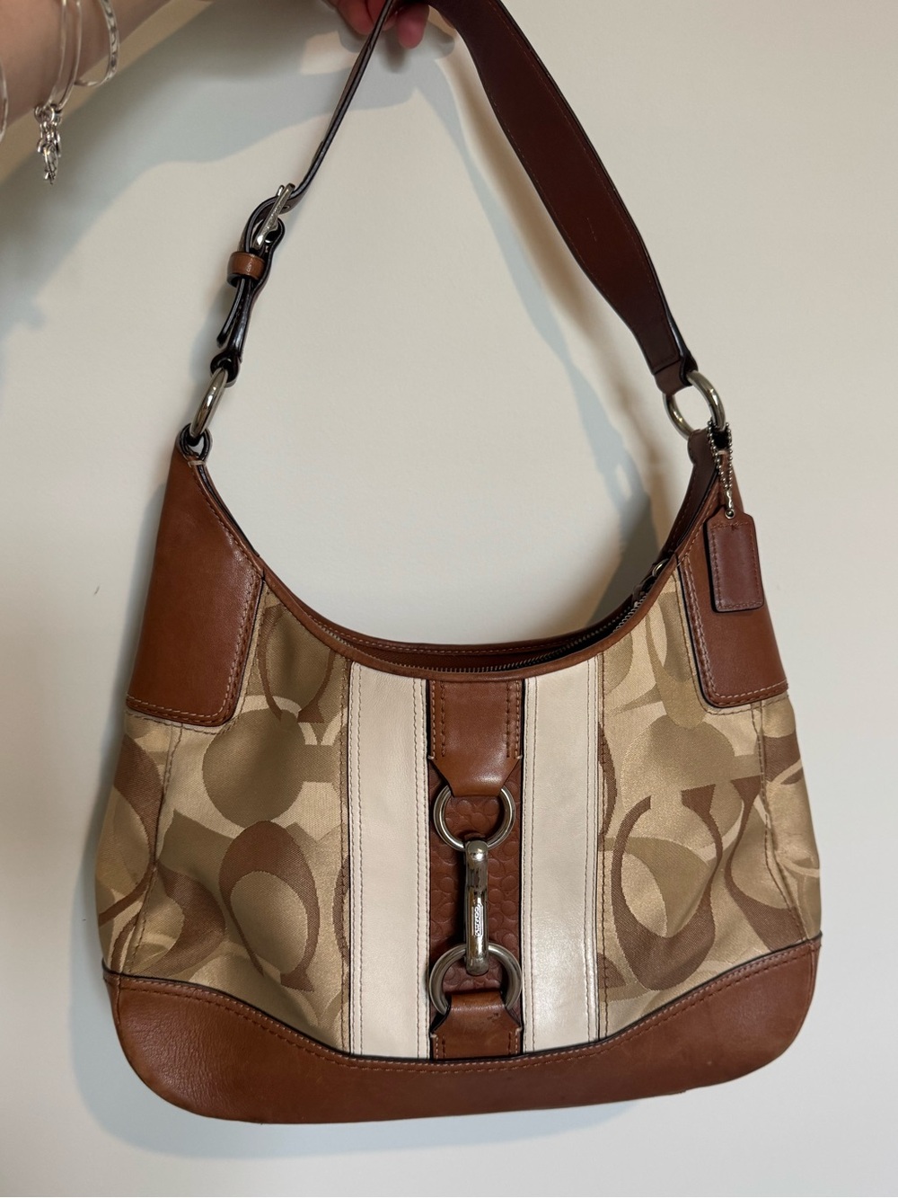 AUTHENTIC Vintage Coach Y2K Signature Brown Leather Stripe Hobo Bag Leather Fob